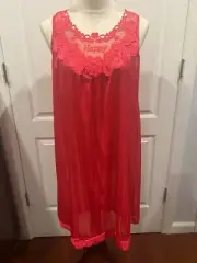 Women Red Silky Sleevless Nightgown with Embroidery Lace Floral Size M 36"Lx18"W