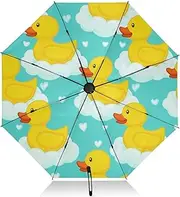 [RPLIFE] Cute Yellow Ducks Light Blue Travel Umbrella, Lightweight Durable Auto Open Close for Women, Travel Umbrellas for Rain and Sun
