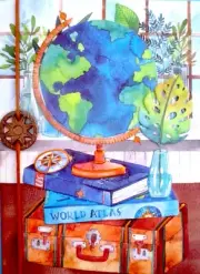 Papyrus Books World Atlas Globe Compass Charm Blank Greeting Card