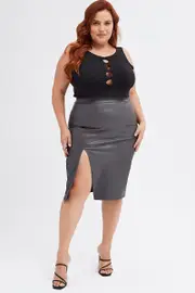 Grey Split Skirt Midi Faux Leather