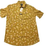 NWT Quicksilver Mens M Future Hippie Button Up Floral Shirt- Mustard Regular Fit