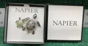 Napier Rhinestone & Abalone Turtle Mom & Baby Pin One Size Silver Tone/Green