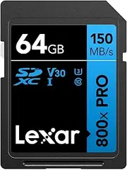 Lexar High-Performance 800x PRO SD Card 64GB, SDXC UHS-I Card, SD 3.0 Card up to 150MB/s Read, V30, U3, C10 SD Memory Card for Point-and-Shoot Camera/Mid-Range DSLR/HD Camcorder (LSD0800P064G-BNNAA)