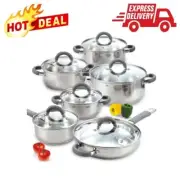 12-Piece Stainless Steel Cookware Set, Even Heat, Glass Lids, Induction Safe