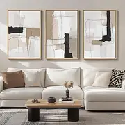 Large Framed Neutral Abstract Wall Art for Living Room, 3 Piece Black White Beige Canvas Prints Paintings Artwork for Walls, Modern Minimalist Abstract Block Lines Pictures for Hallway Stair Office