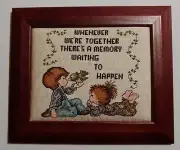 FREE Completed Hand Made Framed Cross Stitch Boy Girl Bird Memory 13 x 11 NEW