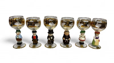 6 Vintage Goebel Hummel Figurine Cordial Wine Glasses Goblets Germany Gold Trim