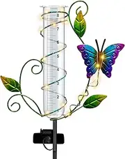 Butterfly Rain Gauge Outdoor - Wireless Solar Rain Gauges with 8" Capacity Glass Replacement Tube Best Rated Metal Decorative Garden Stakes with LED Lights for Yard Lawn Patio Art Decor