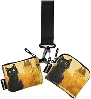 [XYMZR] Mini Zip Around Wristlet keychain Wallet Black Cat Window Castle for Women Personalized Pattern Detachable Dual Pouch Wristlet Portable Wallet Phone Coin Purse, Multi-colored, One Size