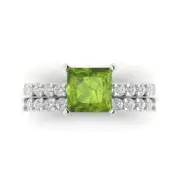 2.66ct Princess Cut Pave Real Peridot Promise Bridal Band set 14k White Gold