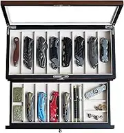 Besforu Pocket Knife Display Case for men collection holder 15-17 folding knife with Walnut Finish Two-Tier Knife organizer storage box with Real Glass Window Top (walnut veneer with draw)