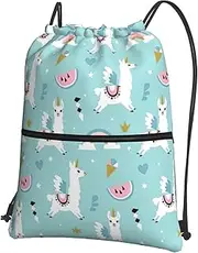 EdWal Cute Llama Print Drawstring Backpack Gym Bags Sports Bags With Zipper Pocket For Travel Beach, Black, One Size