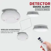 4 Pack Wireless Interconnected Photoelectric Smoke Alarm 10 Year Battery+ Remote
