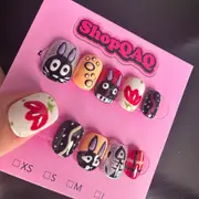 Cute Bunny Black Press-On Nails – Hand-Painted Cartoon Design