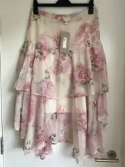 River Island Womens Midi Skirt Pink Floral Print Tiered Chiffon Fabric BNWT