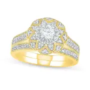 0.75 CT. T.W. Natural Diamond Scallop Edge Frame Antique Vintage-Style Bridal Engagement Ring Set in Solid 10K Yellow Gold