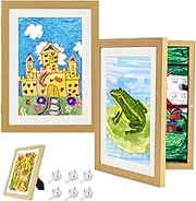 2Pcs Kids' Picture Frames for Kids Artwork Art Display for Kids Artwork Frames for Kids Art Frame Changeable - Front Opening,Kids Wall Art Kids Art Display With Stand & Hooks(Wood Color,13 X 9.7inch)