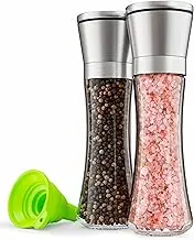 Premium Stainless Steel Sea Salt and Pepper Grinder Set of 2 - Adjustable Ceramic - Tall Glass Salt and Pepper Shakers - Kitchen Spice Mill W/Funnel