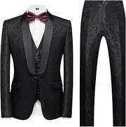 [JEShifangjiusu] Men's 3-Piece Suit Coat Printed Tuxedo Jacket Classic Simple Button Slim Tuxedo Jacket for Wedding, Party, Prom, Black, Large
