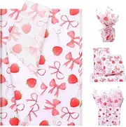 Pineraap 100 Sheets Strawberry Bow Tissue Paper for Gift Wrapping, Cute Bowknot Printed Gift Wrap Tissue Paper Decorative for Gift Packing Birthday Baby Shower Wedding Party DIY Crafts, 14 x 20 Inch