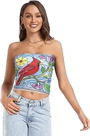 [RPLIFE] Chic Stained Glass Red Bird Crop Tube Tops for Women, Trendy Crop Tops, Sheer Tube Tops, Summer Tops (S)