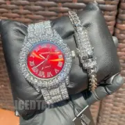 Stainless Steel Iced Bling Bracelet, White Gold Plated Red Dial Hip Hop Watch