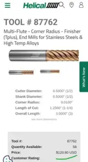 Helical 87762 Premium Carbide Endmill 1/2x1/2 Loc. 1.25 OAL3 8FL R.01
