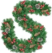 RAMEMISTIC 9FT Christmas Garland, Artificial Xmas Garland Decorations with Pine Cones, Red Berries, Green, PVC, Metal, Straight, 260 Branch Tips