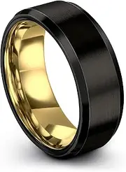[Midnight Rose Collection] Tungsten Wedding Band Ring 8mm for Men Women 18k Rose Yellow Gold Plated Bevel Edge Black Brushed Polished