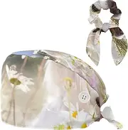 [FVQL] Set of 1 Working Hat with Hair Scrunchy, Scrub Caps Women, Flower and Golden Retriever