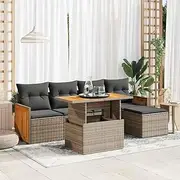 6 Piece Garden Sofa Set with Cushions Grey Poly Rattan Acacia, Garden Furniture Sets