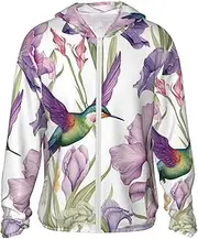 [BWLHJKE] Men's Sun Shirts UPF 50+ Hummingbirds Irises Flowers Sun Protection Hoodie Lightweight Long Sleeve Rash Guard