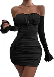 [XSTSUP] Womens Sexy Off Shoulder Bodycon Mini Dress Long Sleeve Halter Ruched Slinky Party Club Short Dresses