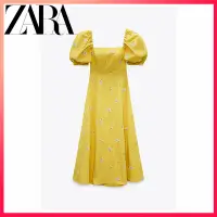 在飛比找蝦皮購物優惠-Zara春夏新款方領泡泡袖黃色印花蝴蝶結連衣裙