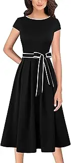 [VFSHOW] Womens Elegant Patchwork Pockets Belted Pleated Work Office Business Casual Party A-Line Midi Dress, Black+white Piping, XX-Large