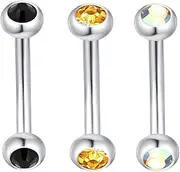 [Decentraland] 3PCS Sphere Inlay Zircon 1.2mm(16G) Navel Belly Studs Eyebrow Rings Lip Stud Ear Bone Nails Tongue Bars Hypoallergenic Long Body Piercing For Women Solid Stainless Steel 8mm Red/Purple/Pink