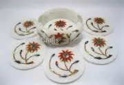 4.5 Inches Antique Design Inlay Work Tea Coaster Set White Marble Beer Coaster