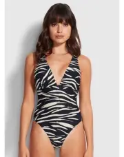 NWT $148 Sz 10 US Seafolly Skin Deep V Neck One Piece Black