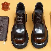 Men's Brown Patent Leather Chunky Lace-Up Ankle Boots - Rugged Sole Designer Casual Dress Shoes for Urban Fashion