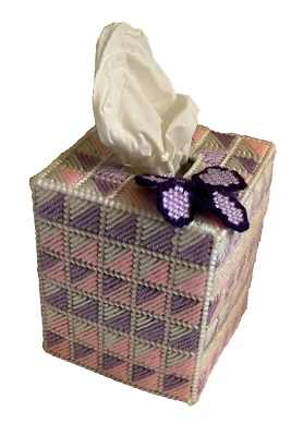 Plastic Canvas Cube Tissue Box Cover -Pink, white & lavender