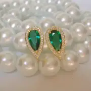 Emerald Teardrop Cubic Zirconia CZ 18K Gold Plated Ear Stud Earrings Post.