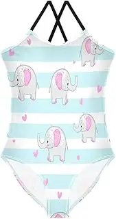 [RPLIFE] Girl Bathing Suits Beach Apparel 3-10 Y with Adjustable Shoulder Strap, Cute Elephants Blue White Stripes