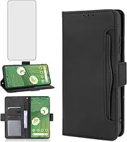[Asuwish] Compatible with Google Pixel 7A 5G 2023 Wallet Case and Tempered Glass Screen Protector Card Holder Credit ID Slot Flip Leather Cell Accessories Phone Cover for Pixel7A A7 Women Men Black