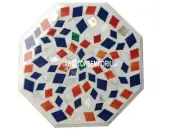 12'' White Marble Side Coffee Table Top Mosaic Multi Stone Arts Decor Furniture