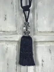 Pair 2 pieces Curtain Tie Backs - 27cm Tassel with faceted glass top and silver capping - Navy Blue