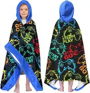 Video Gamer Boys Beach Towel with Hoodie for Kids Toddlers Age 4-8,Game Controller Black Bath Towels Shower Wrap for Boys, Hooded Poncho Beach Blanket for Pool Swimming Wearable Bath Towel for Child