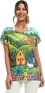 [RPLIFE] Whimsical Farm Scene Women Summer Tops Flowy Off Shoulder Top, Beach Blouse