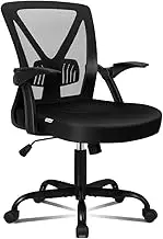 ALFORDSON All Black Mid-Back Student Computer Study Desk Chair with Flip-Up Arms & Lumbar Support Gaming Racing Task Chair Tilting and Height Adjust, Mesh Office Chair Home Office with Fabric Seat