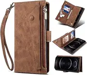 Compatible for Case Oppo Find X3 Lite,Leather Zipper Wallet Case Card Slots Magnetic Shockproof Stand,Strap+Tempered Glass Screen Protector*2-Brown