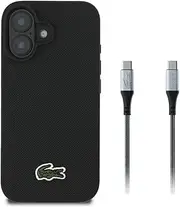 CG MOBILE Lacoste 2-in-1 Case + USB-C Cable Iconic Petit Pique Woven Compatible with MagSafe for iPhone 16 (Black)